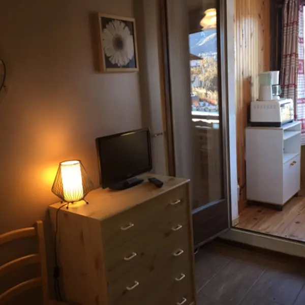 Séjour de studio avec TV, ameublement bois, porte-fenêtre donnant sur pièce supplémentaire