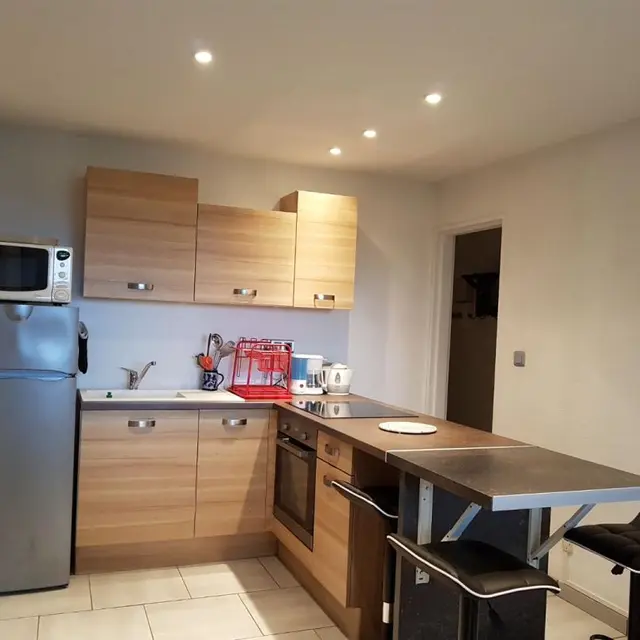 cuisine avec frigo/congélateur, four micro onde et classique à chaleur tournante