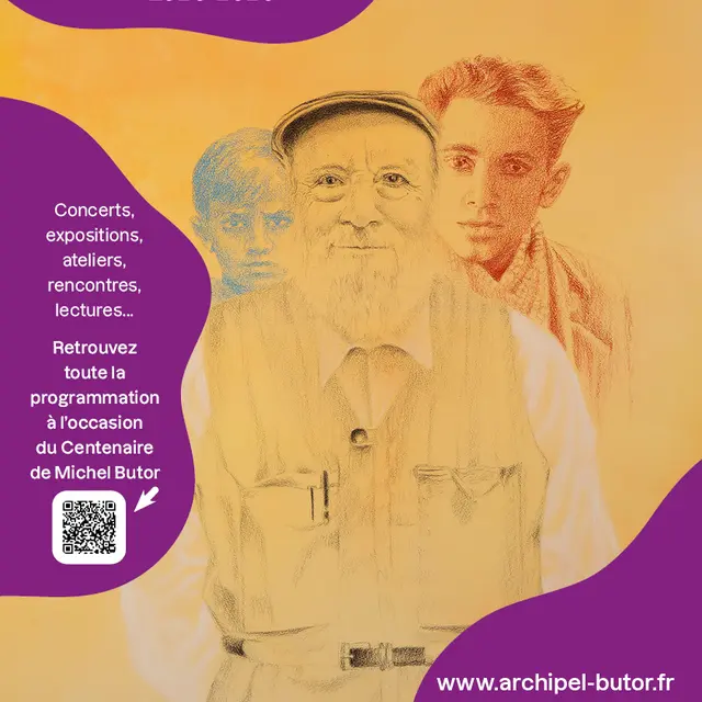 Michel Butor, œuvre originale créée par l’artiste Mylène Besson dans le cadre du Centenaire de la naissance de l’écrivain (1926-2026) et réalisée à l’encre, fusain, sanguine et pastel, 80x120 cm, 2025