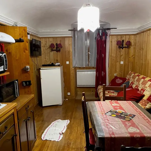Salon d'appartement tout-en-un avec table à manger, ameublement bois, canapé, plaques électriques, fenêtre