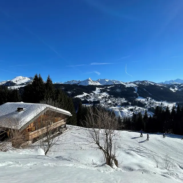 Le chalet avec la piste et le Mont Blanc