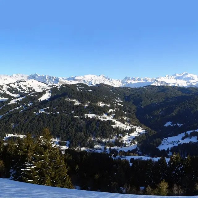 Vue panoramique sur les sommets enneigés depuis le Mont Chéry en hiver