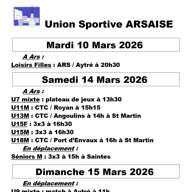 Affiche des matchs de basket de l'Union sportive arsaise