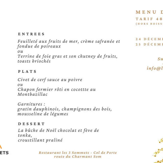 Menu de Noel - Restaurant Les 3 Sommets_Sarcenas