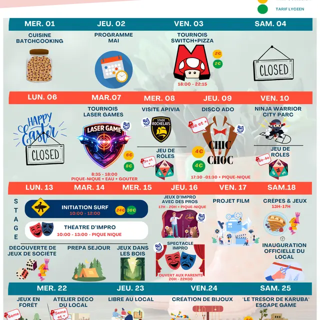 Programme des animations de Ré Jeunesse à Ars-en-Ré - Avril