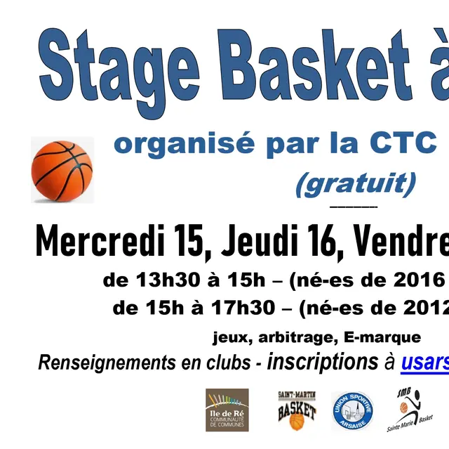 Affiche du stage de basket à Ars-en-Ré