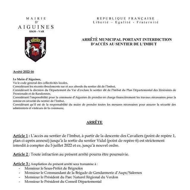 Interdiction d'accès au sentier de l'Imbut