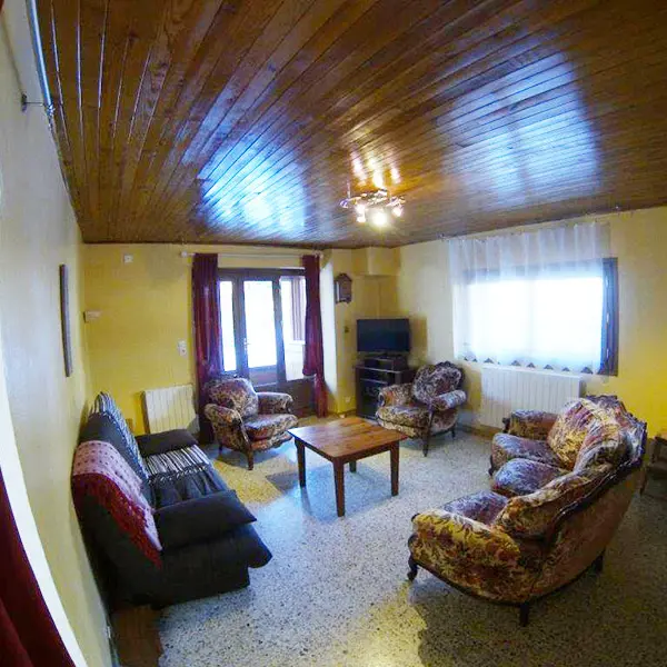 Séjour de maison lumineux avec canapés, fauteuils, table basse, moquette au sol, fenêtre et porte-fenêtre