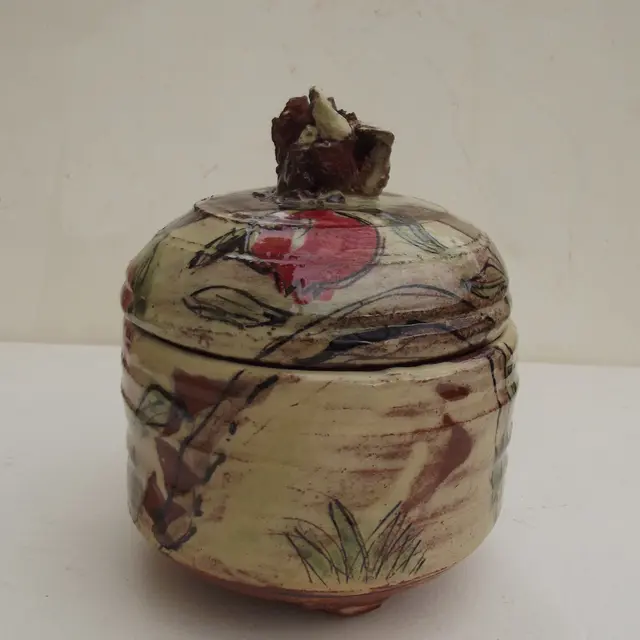 boite en terre vernissée,décor coquelicot