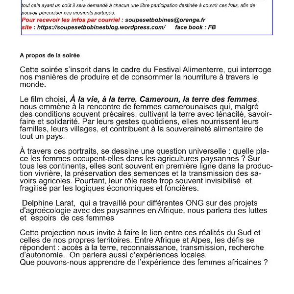 Soirée Soupes et Bobines : Semer, nourrir, résister, la voie des femmes africaines_Garde-Colombe