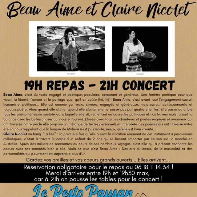 resto paysan : repas-concert Beau Aime et ClaireNicolet_Breil-sur-Roya