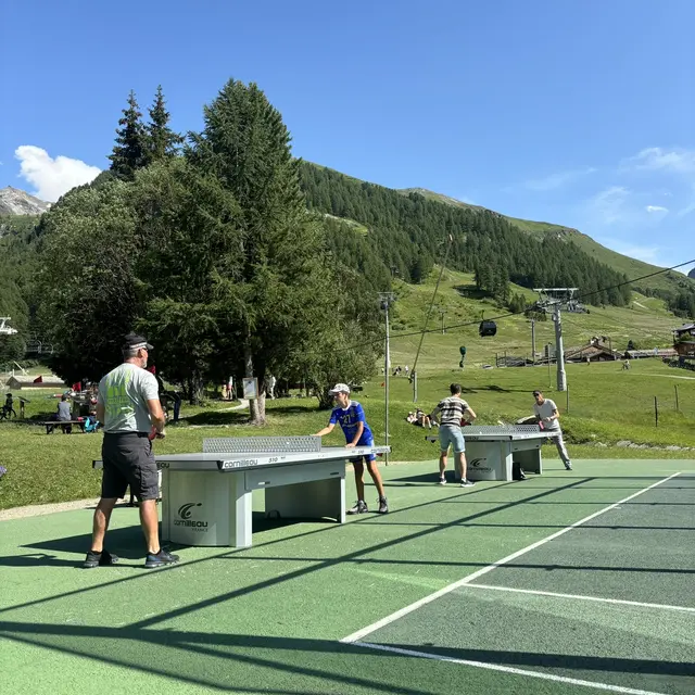 Famille et amis qui jouent au ping pong à Val d'Isère en été