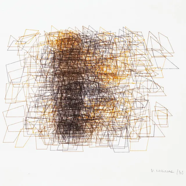 Vera Molnár, Structure du quadrilatère, 1988, dessin ordinateur au plotter, encre sur papier, 29,6 x 37 cm. Collection de Bueil & Ract-Madoux, Paris