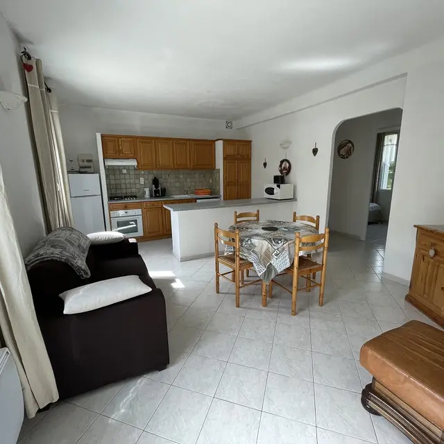 Séjour lumineux carrelé avec table à manger, canapé, fauteuil, TV, coin cuisine avec bar, ameublement bois, fenêtres
