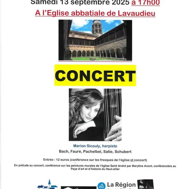 Concert « Voyage musical à travers les siècles », de Marion SICOULY, harpe et conférence  sur la découverte des peintures murales_Lavaudieu