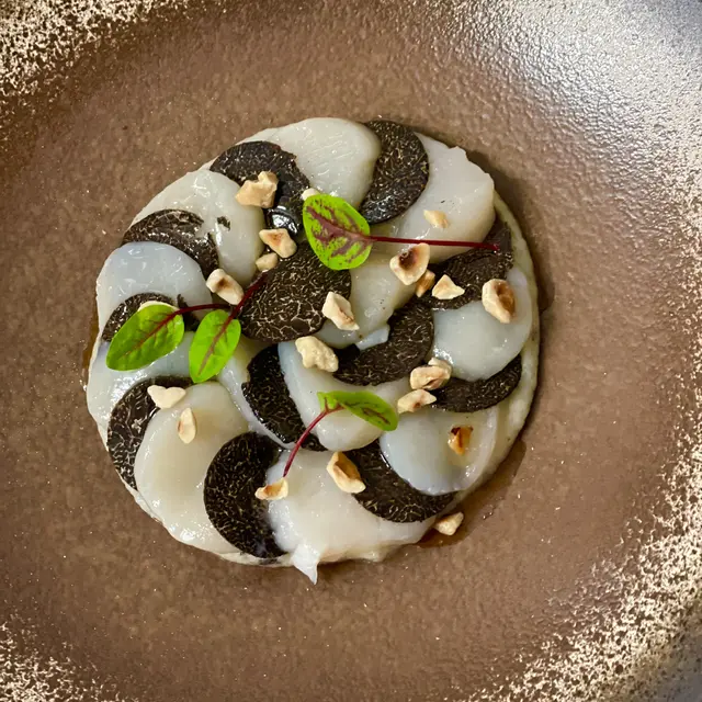 Carpaccio de St Jacques et Mélano, purée de topinambour truffée