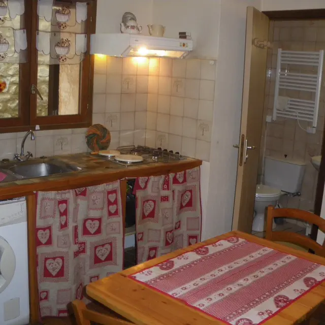 Coin séjour avec cuisine, table à manger, évier, machine à laver, carrelage au mur, ameublement bois, porte vers salle de bains