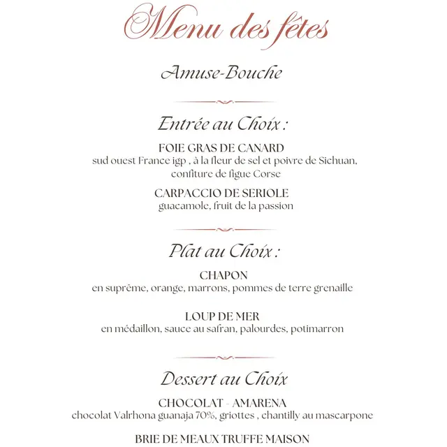Menu des fêtes. Le Central