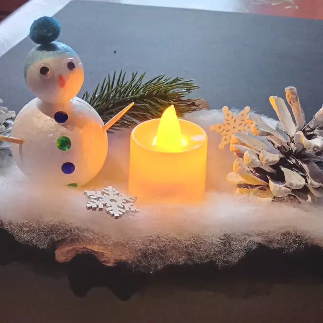 Atelier créatif autour du bois : Bonhomme de neige sur écorce illuminé_Morzine