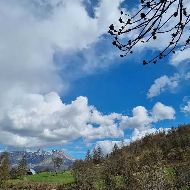 Panorama du petit hameau de Prémin, situé sur le flanc d'une montagne boisée. Montagnes en arrière-plan