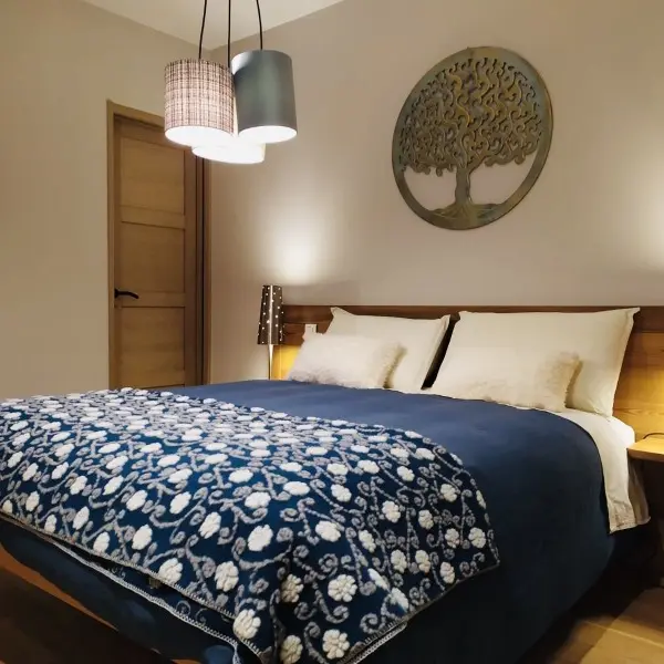 Chambre à coucher avec lit double, décoration en bois et TV