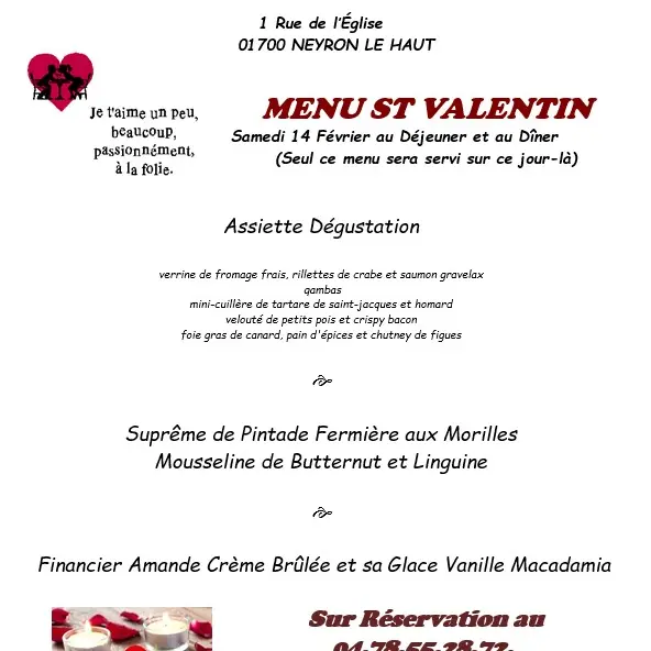Menu spécial Saint-Valentin proposé par l'Auberge Saint Didier_Neyron