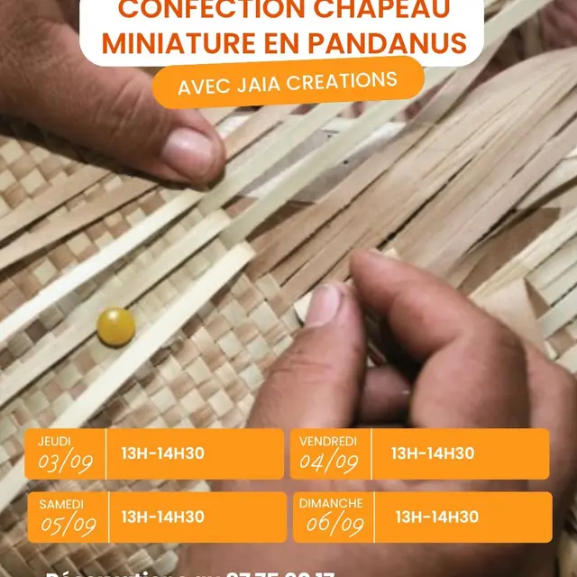 Atelier confection chapeau miniature en pandanus_Punaauia