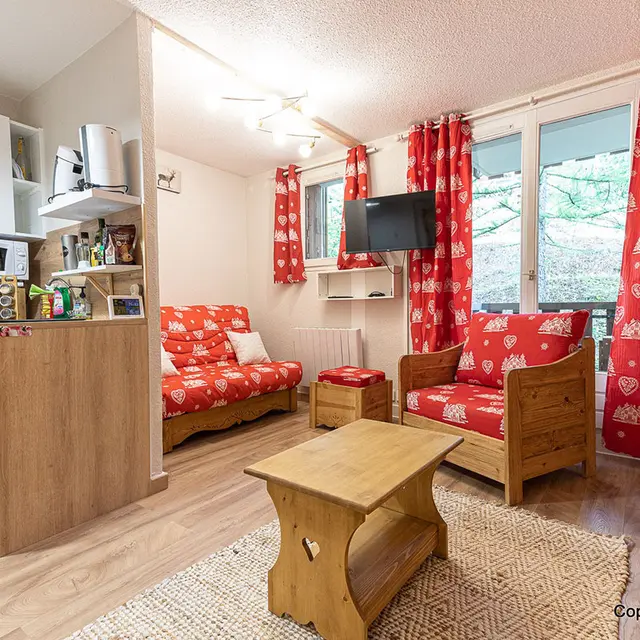 Séjour de studio lumineux avec canapé et fauteuils, table basse, coin cuisine équipé, ameublement bois, fenêtres