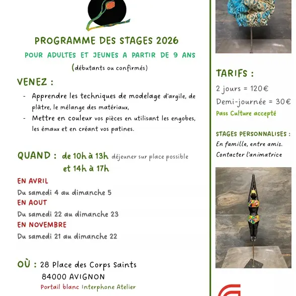 Stages artistiques 2026 à L'Atelier du Four de la Terre_Avignon