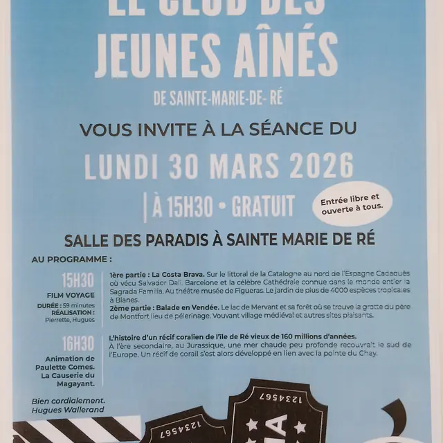 Affiche de la séance de cinéma du Club des Jeunes Aînés