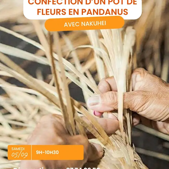 Atelier de confection d'un pot de fleurs en pandanus_Punaauia