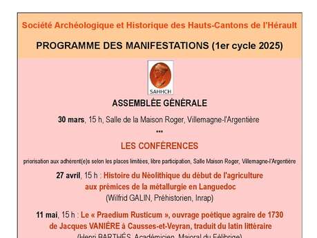 CYCLE DE CONFÉRENCE DE LA SOCIÉTÉ ARCHÉOLOGIQUE ET HISTORIQUE DES HAUTS CANTONS DE L'HÉRAULT