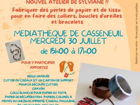 Atelier bijoux en perles de papier collé et de tissu