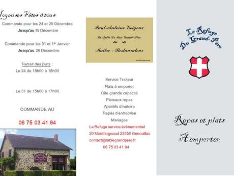 Menus et plats des fêtes de fins d'année à emporter du refuge du Grand Pere