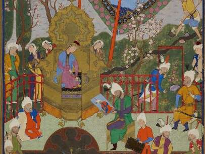 Conférence, Une miniature persane : Shapur montre le portrait de Khosrow à Shirin attribué à Mirza Ali à la bibliothèque