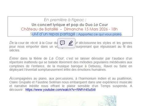 Un concert lyrique et pop du Duo La Cour, au Château de Bataillé à Figeac