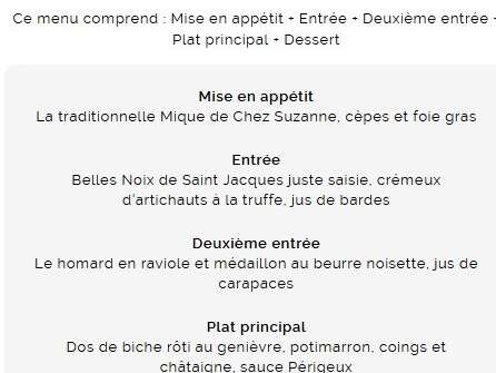 Menu du premier de l'an au restaurant Chez Suzanne
