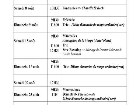 Calendrier des Messes