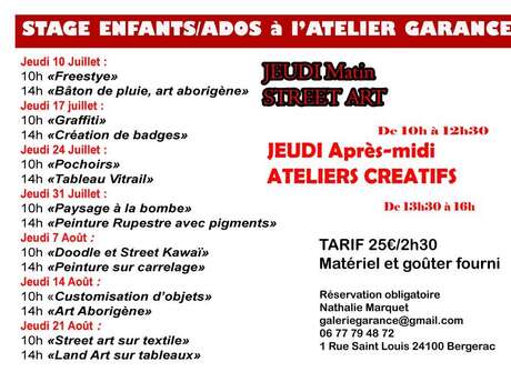 Stages enfants et ados à l'atelier Garance