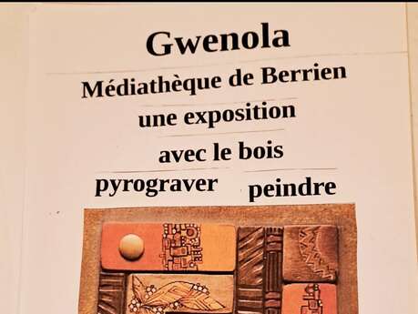 Exposition, bois pyrograver à la Mediathèque de Berrien.