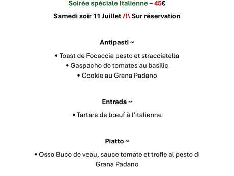 Soirée italienne et menu à l'Italienne restaurant l'Adresse