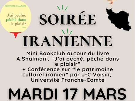 Bookclub Soirée iranienne : Livre A. Shalmani et présence historien archéologue JC. Voisin