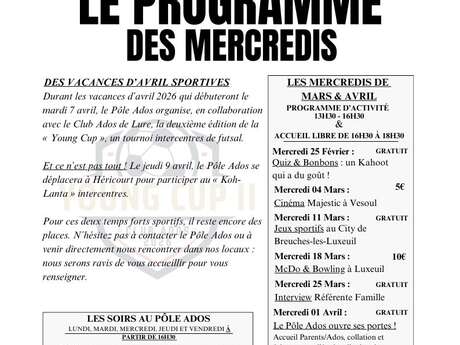 Le programme des mercredis au pôle Ados Mars-Avril