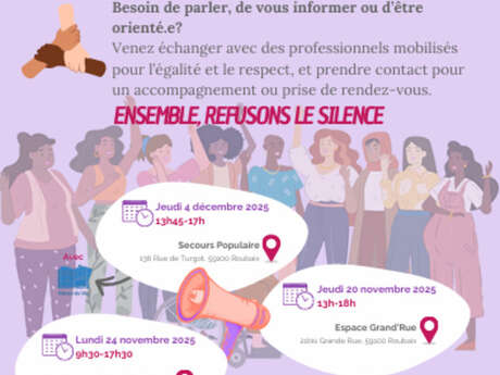 Maison de Justice et du Droit de Roubaix

Semaine de novembre centré sur la lutte contre les violences faites aux femmes 2025
« LA MJD se MOBILISE ! »
