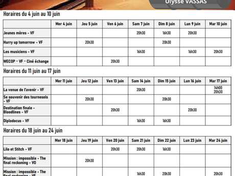 Programme du cinéma Le Montcelet du 4 au 24 juin