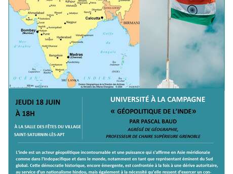 Université à la campagne : Conférence "Géopolitique de l'Inde" par Pascal Baud