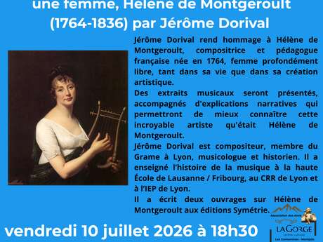 Conférence musicale "Le premier compositeur romantique est une femme, Hélène de Montgeroult (1764-1836) par Jérôme Dorival au Centre Culturel de la Gorge