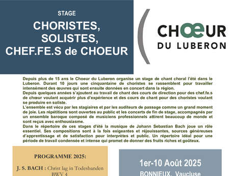 Stage d'été du CHOEUR DU LUBERON pour choristes, solistes, chefs de chœur,  BACH!