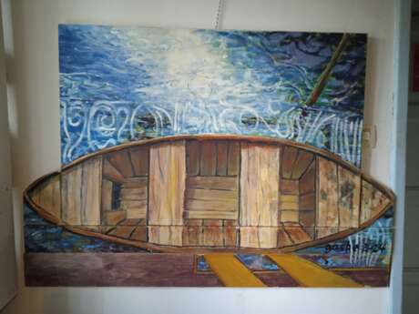 Exposition Toiles peintes assemblées avec bois pyrogravés