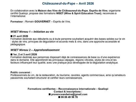 Formations du WSET 1 et 2 à Chateauneuf du Pape